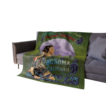 Sonoma Rebel Cabernet Crushed Velvet Blanket with vintage pinup, moon, and vineyards. 50"x60" polyester throw.