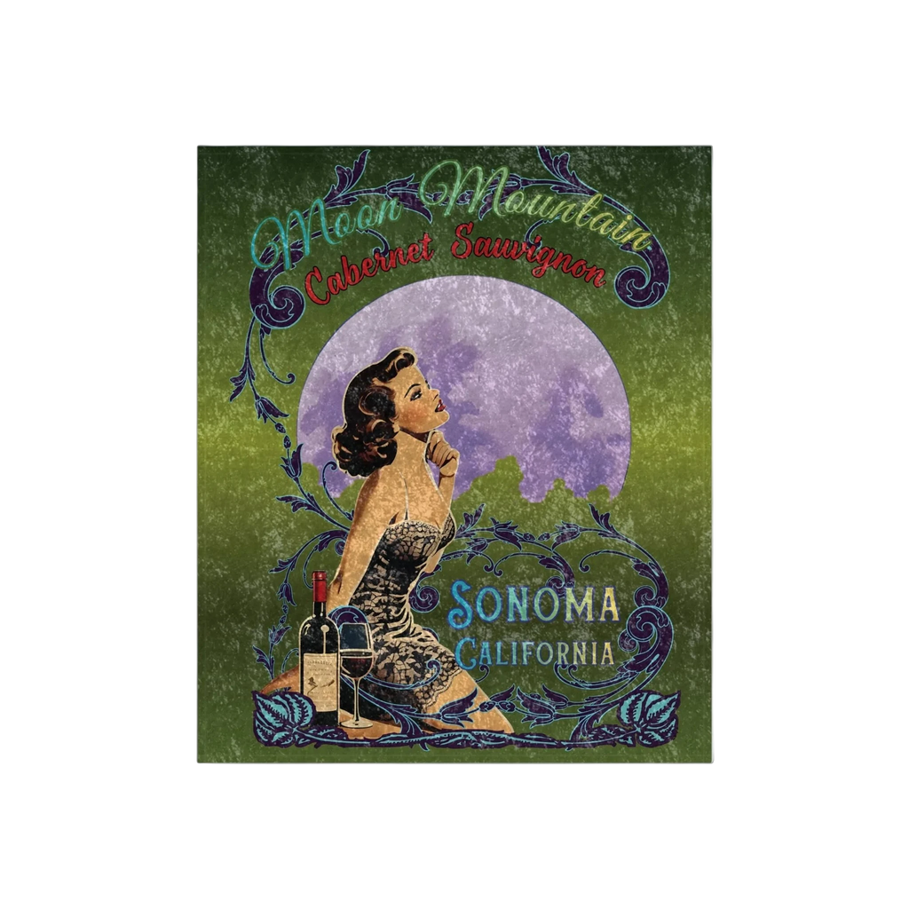 Sonoma Rebel Moon Mountain Cabernet crushed velvet blanket with pinup, moon, and vineyard design. 50" x 60".