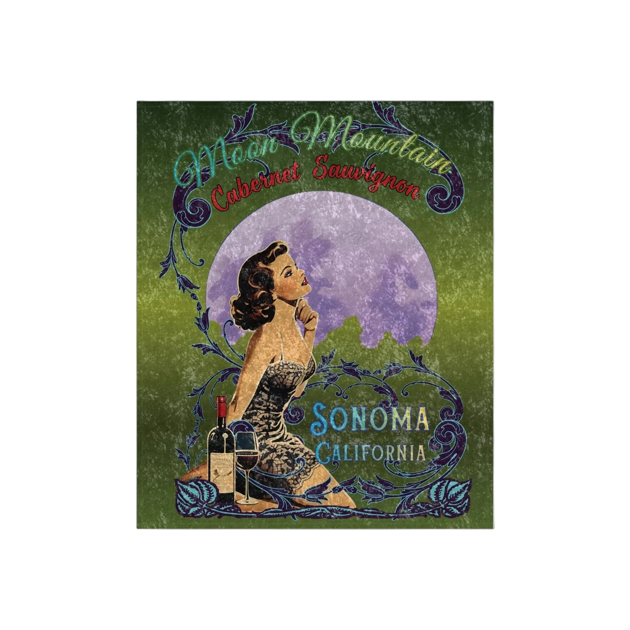 Sonoma Rebel Moon Mountain Cabernet crushed velvet blanket with pinup, moon, and vineyard design. 50" x 60".