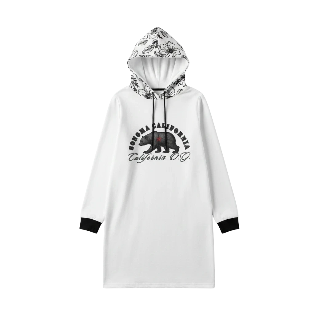 Sonoma Rebel white hoodie mini dress with floral-lined hood and California bear graphic.
