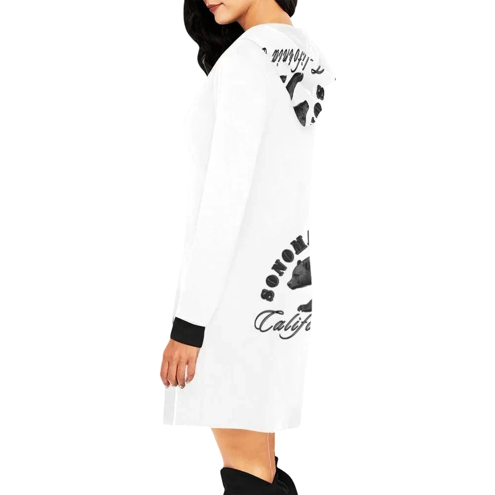Sonoma Rebel white California Og hoodie mini dress with black trim and graphic print.