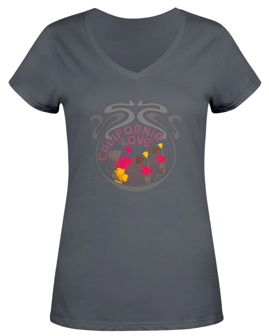 Sonoma Rebel womens dark grey V-neck t-shirt with a circular psychedelic graphic featuring "CALIFORNIA LOVE" and colorful flowers.