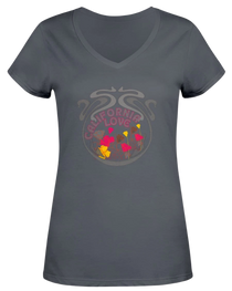 Sonoma Rebel womens dark grey V-neck t-shirt with a circular psychedelic graphic featuring "CALIFORNIA LOVE" and colorful flowers.