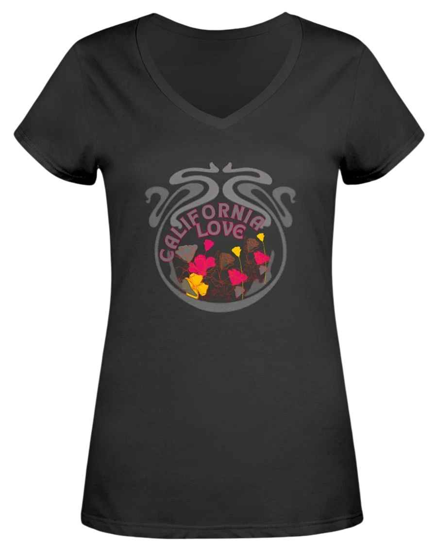 Sonoma Rebel black V-neck t-shirt with a psychedelic graphic featuring the words "California Love" surrounded by stylized flowers in pink, yellow, and grey.