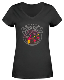 Sonoma Rebel black V-neck t-shirt with a psychedelic graphic featuring the words "California Love" surrounded by stylized flowers in pink, yellow, and grey.