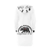 Sonoma Rebel white California Og hoodie mini dress with bear graphic and text on back. Long sleeves, hood.