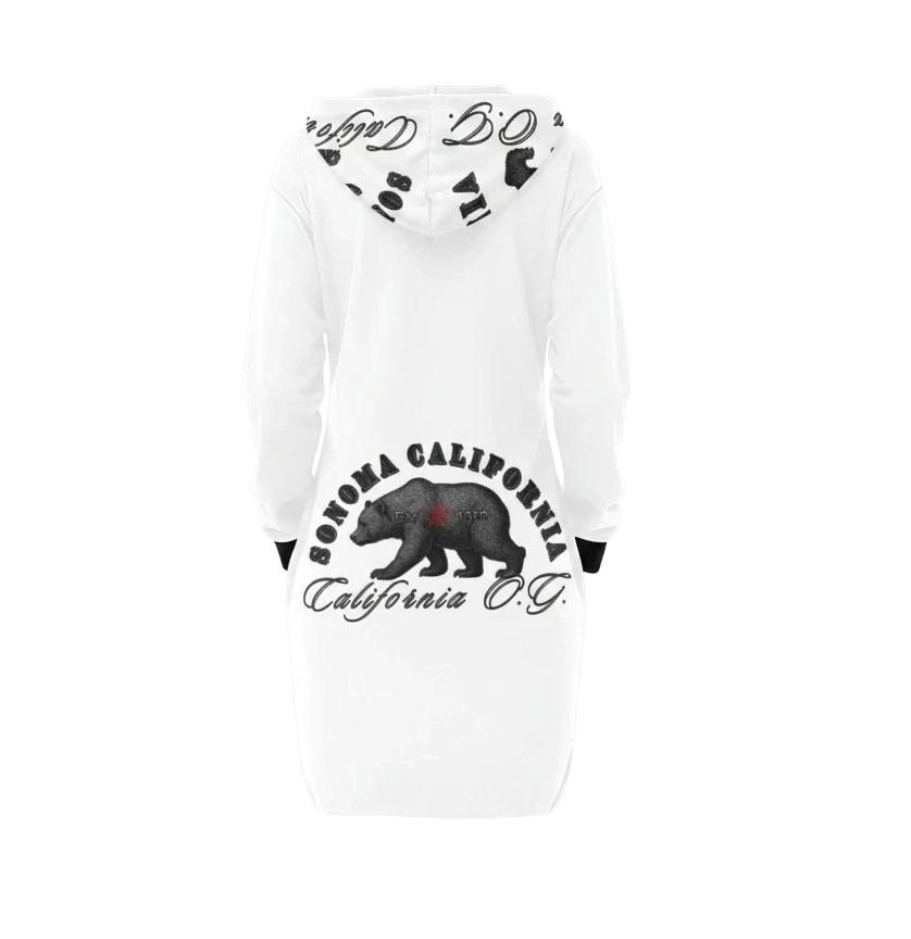 Sonoma Rebel white California Og hoodie mini dress with bear graphic and text on back. Long sleeves, hood.