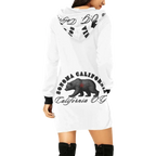Sonoma Rebel white California Og hoodie mini dress with bear graphic and black trim. Model wears black boots.