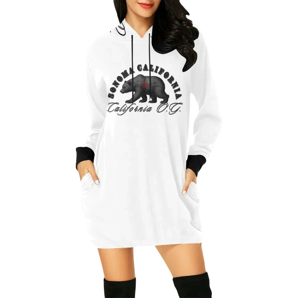Sonoma Rebel white hoodie mini dress with black trim, featuring a graphic of a bear and "California O.G." text.