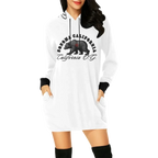 Sonoma Rebel white hoodie mini dress with black trim, featuring a graphic of a bear and "California O.G." text.