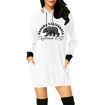 Sonoma Rebel white hoodie mini dress with black trim, featuring a graphic of a bear and "California O.G." text.