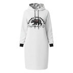 Sonoma Rebel white hoodie mini dress with black trim and California OG bear graphic on front.