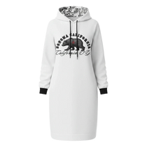 Sonoma Rebel white hoodie mini dress with black trim and California OG bear graphic on front.