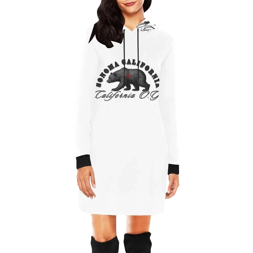 Sonoma Rebel white long-sleeve hoodie mini dress with black cuffs and a graphic print of a bear and 