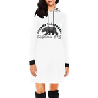 Sonoma Rebel white long-sleeve hoodie mini dress with black cuffs and a graphic print of a bear and "California O.G."