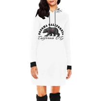 Sonoma Rebel white long-sleeve hoodie mini dress with black cuffs and a graphic print of a bear and "California O.G."