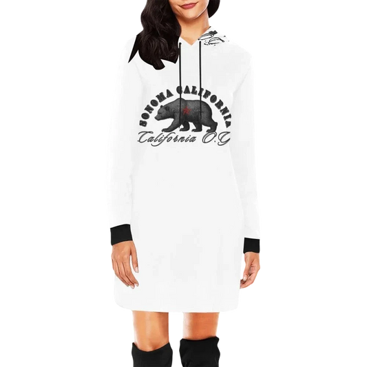 Sonoma Rebel white long-sleeve hoodie mini dress with black cuffs and a graphic print of a bear and "California O.G."