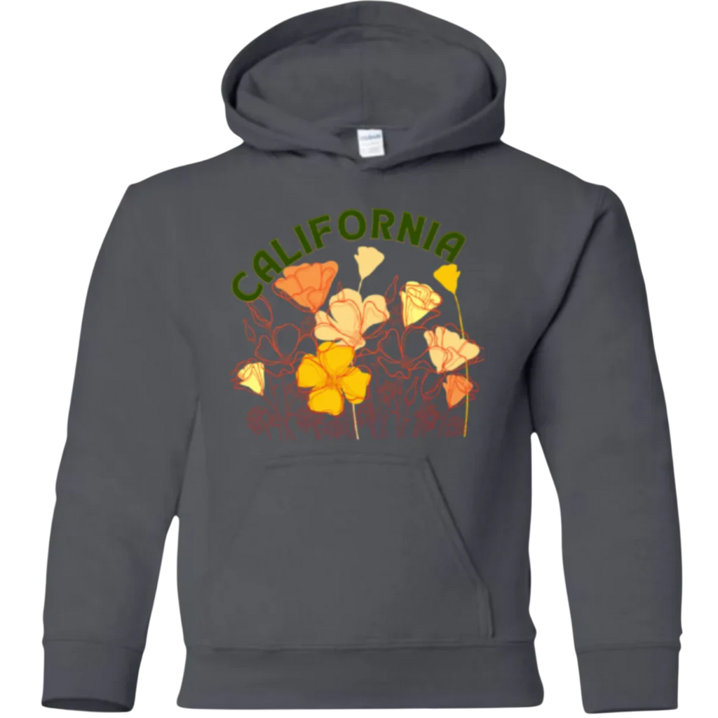 Sonoma Rebel dark grey youth hoodie with "CALIFORNIA" text and colorful poppy flower graphic.