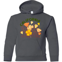Sonoma Rebel dark grey youth hoodie with "CALIFORNIA" text and colorful poppy flower graphic.
