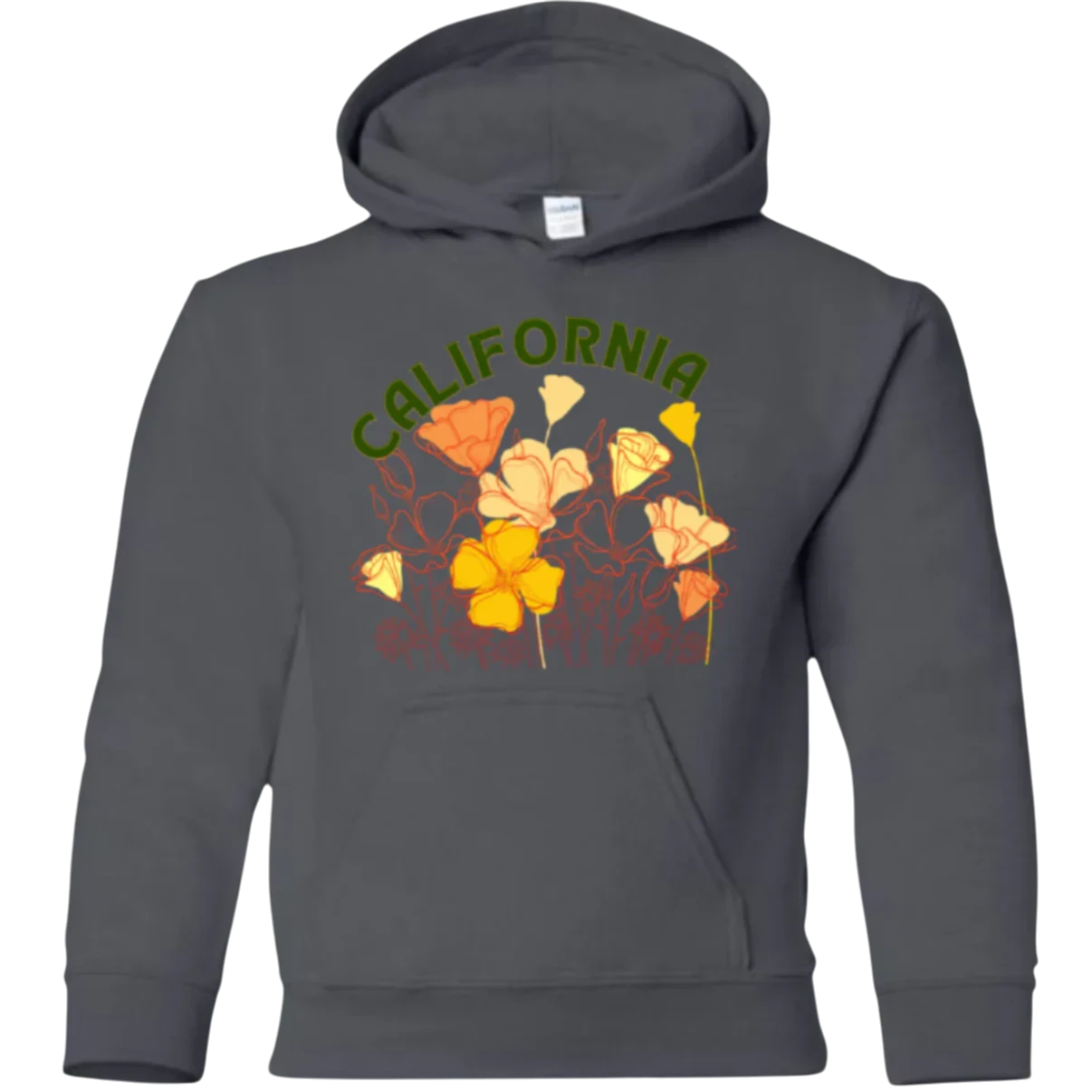 Sonoma Rebel dark grey youth hoodie with "CALIFORNIA" text and colorful poppy flower graphic.