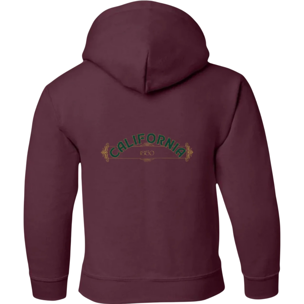 Sonoma Rebel CALIFORNIA POPPY youth hoodie in maroon, featuring a vintage-style graphic with green text and gold accents.