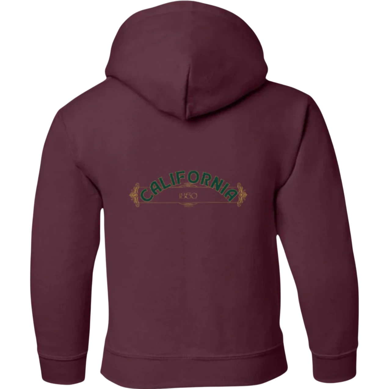 Sonoma Rebel CALIFORNIA POPPY youth hoodie in maroon, featuring a vintage-style graphic with green text and gold accents. Main image