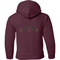 Sonoma Rebel CALIFORNIA POPPY youth hoodie in maroon, featuring a vintage-style graphic with green text and gold accents.