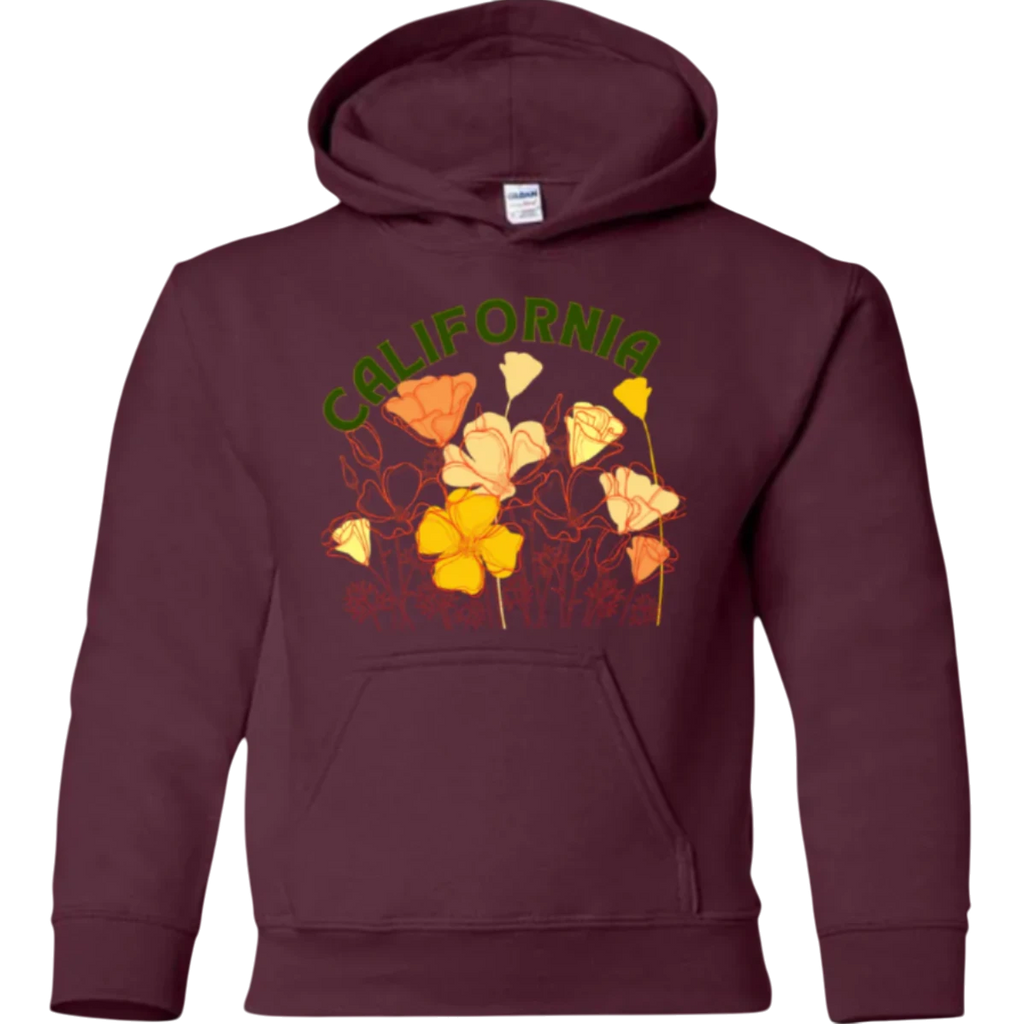 Sonoma Rebel CALIFORNIA POPPY youth hoodie in maroon with a graphic of California poppies and the word CALIFORNIA in green.
