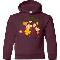 Sonoma Rebel CALIFORNIA POPPY youth hoodie in maroon with a graphic of California poppies and the word CALIFORNIA in green.