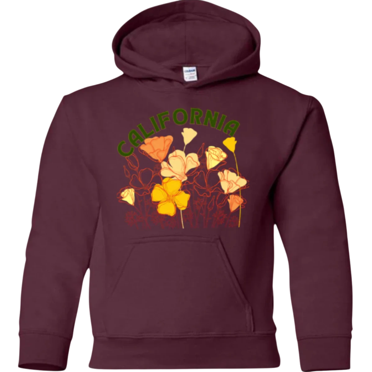 Sonoma Rebel CALIFORNIA POPPY youth hoodie in maroon with a graphic of California poppies and the word CALIFORNIA in green.