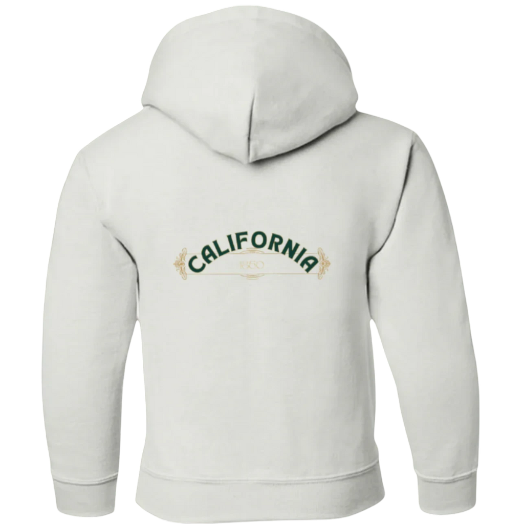 Sonoma Rebel CALIFORNIA POPPY Youth Hoodie in off-white, featuring a green graphic with "CALIFORNIA" arched over "1850".