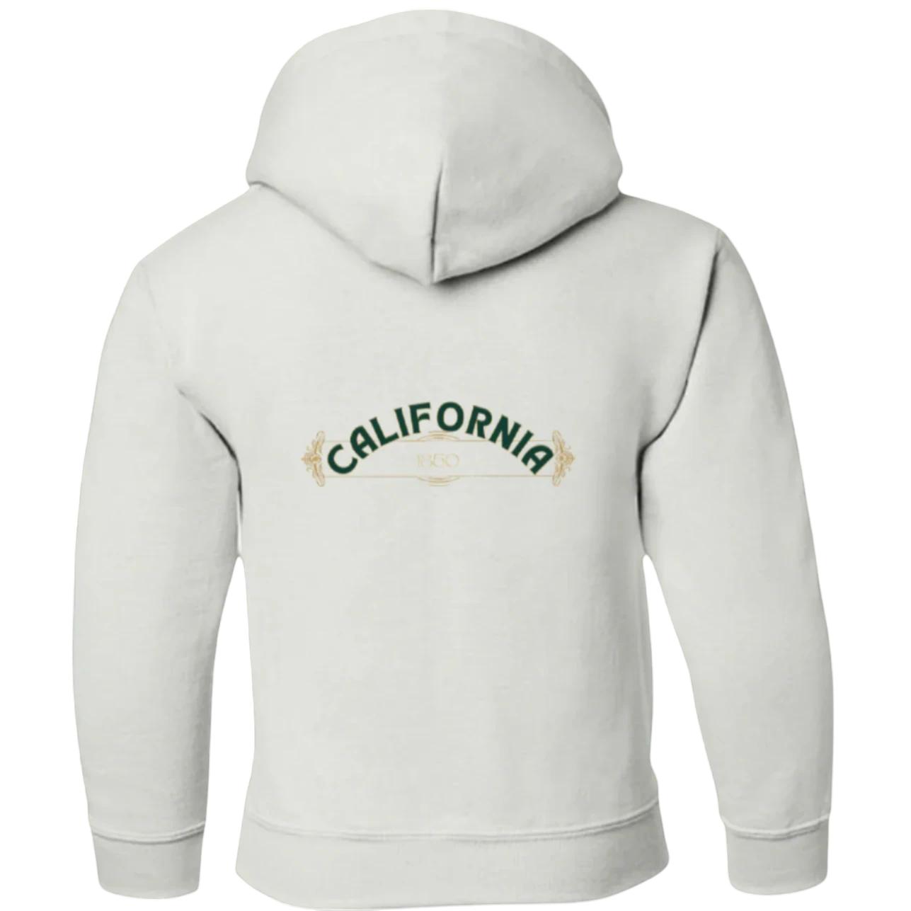 Sonoma Rebel CALIFORNIA POPPY Youth Hoodie in off-white, featuring a green graphic with "CALIFORNIA" arched over "1850".