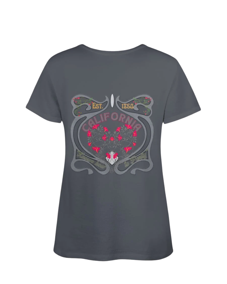 Sonoma Rebel grey V-neck t-shirt with a psychedelic California graphic featuring pink flowers and ornate details.