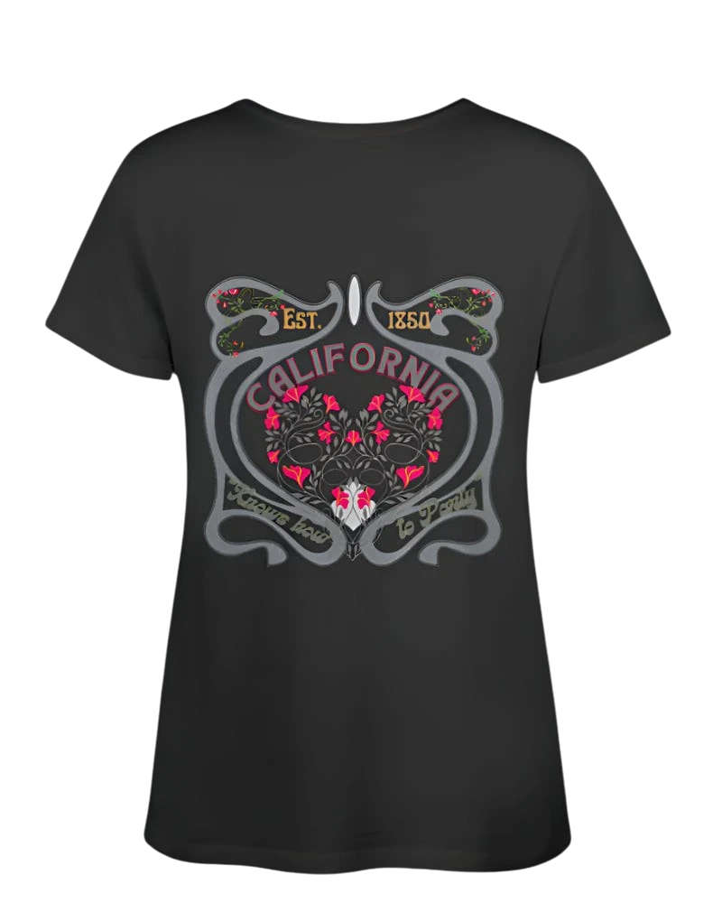 Sonoma Rebel dark grey V-neck t-shirt with a psychedelic California graphic featuring pink flowers and ornate details.
