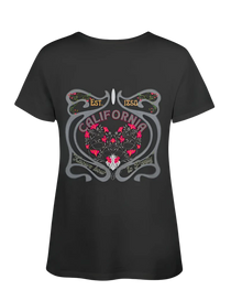 Sonoma Rebel dark grey V-neck t-shirt with a psychedelic California graphic featuring pink flowers and ornate details.