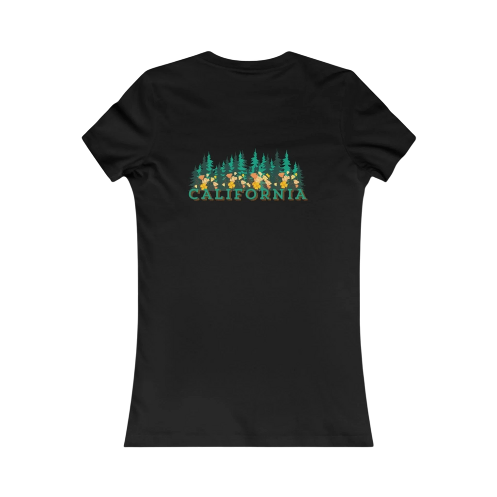 Sonoma Rebel black cotton t-shirt with a graphic of California Redwoods forest and the word CALIFORNIA in colorful text.