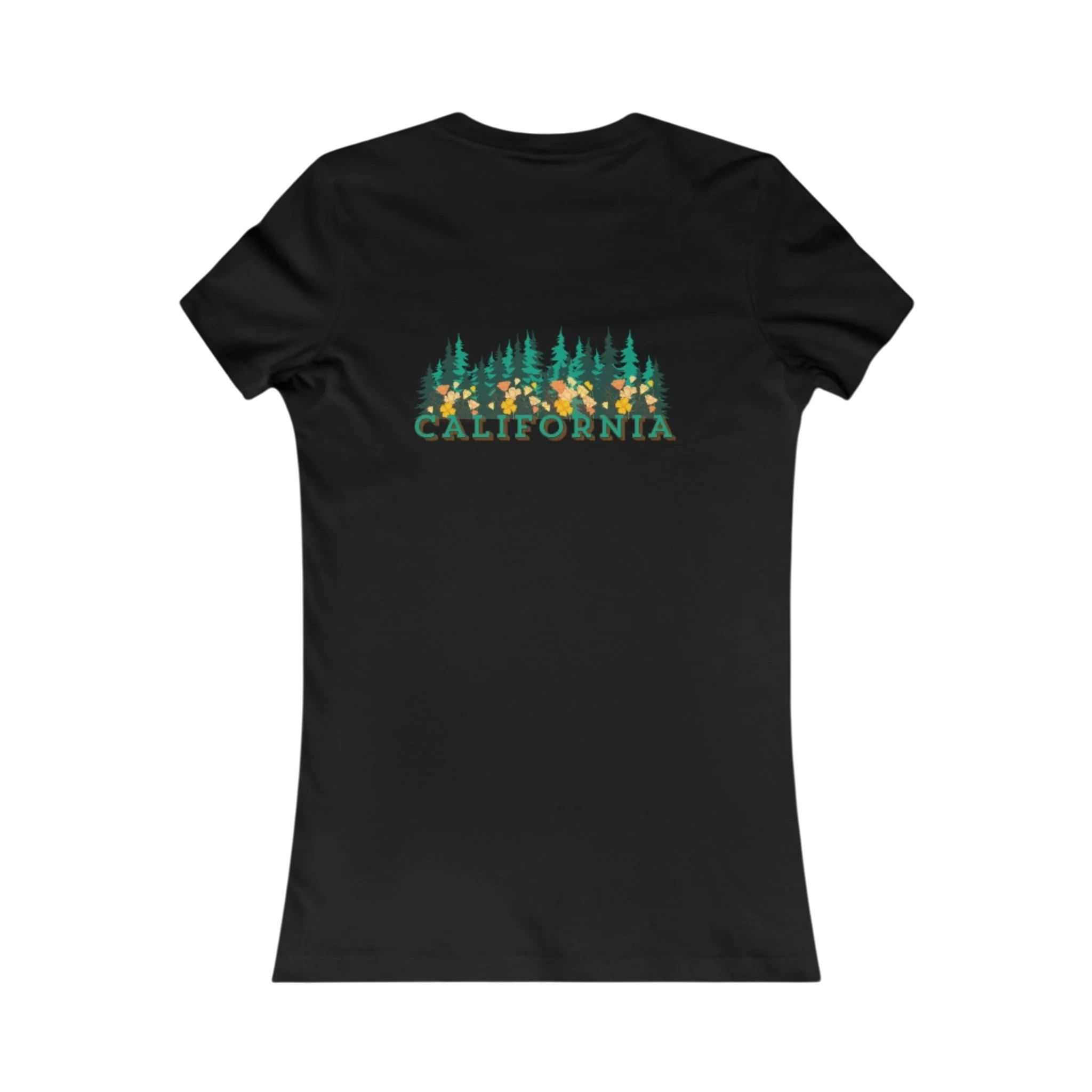 Sonoma Rebel black cotton t-shirt with a graphic of California Redwoods forest and the word CALIFORNIA in colorful text.
