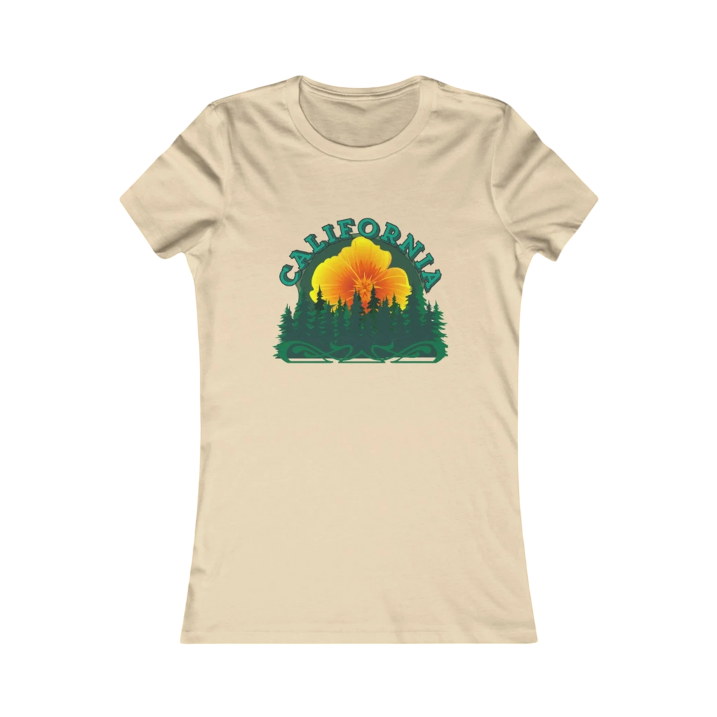 Sonoma Rebel cream cotton t-shirt with California Redwoods graphic print, featuring a sunset behind pine trees and a large flower.