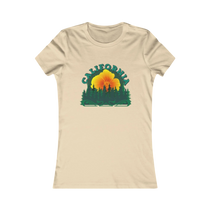 Sonoma Rebel cream cotton t-shirt with California Redwoods graphic print, featuring a sunset behind pine trees and a large flower.