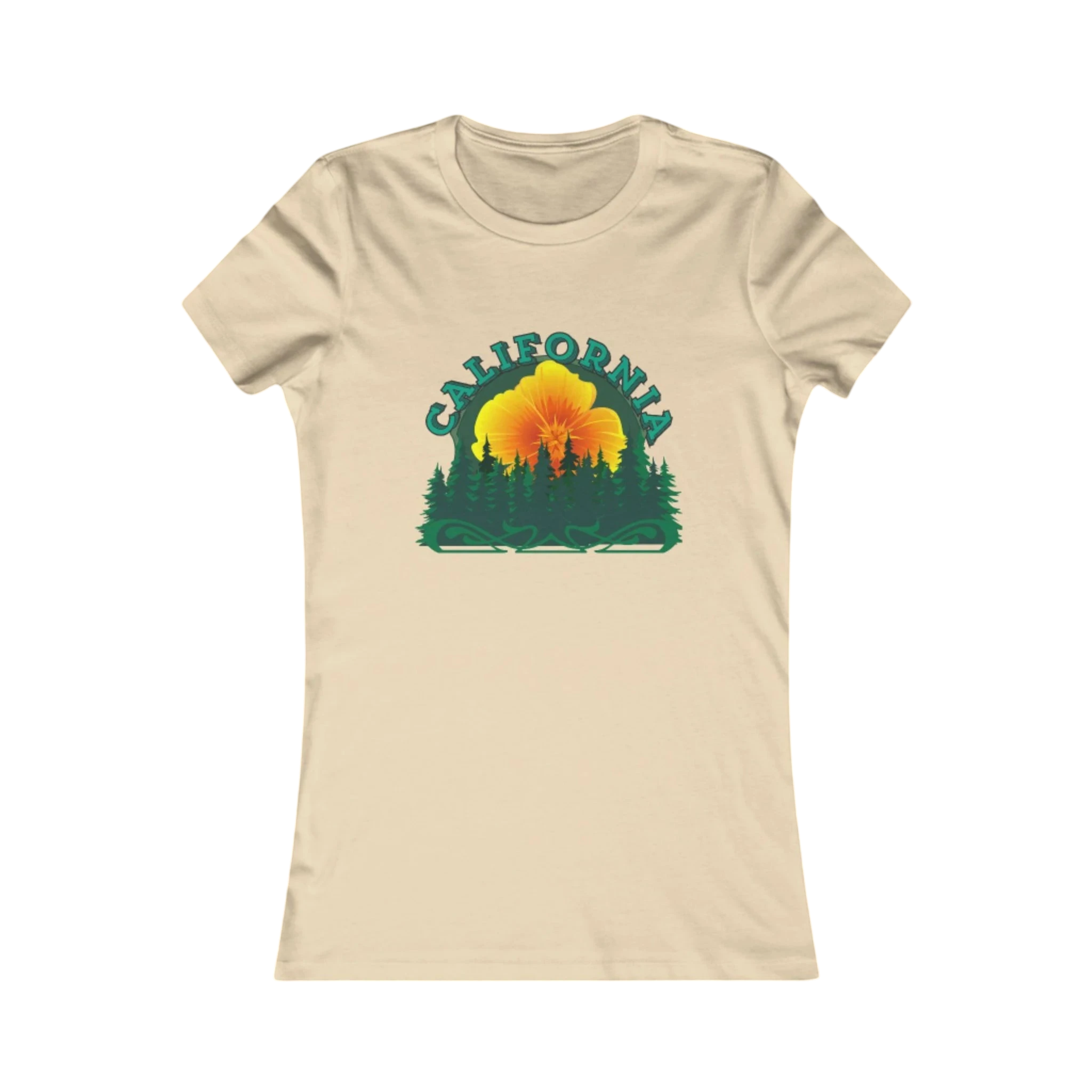 Sonoma Rebel cream cotton t-shirt with California Redwoods graphic print, featuring a sunset behind pine trees and a large flower.