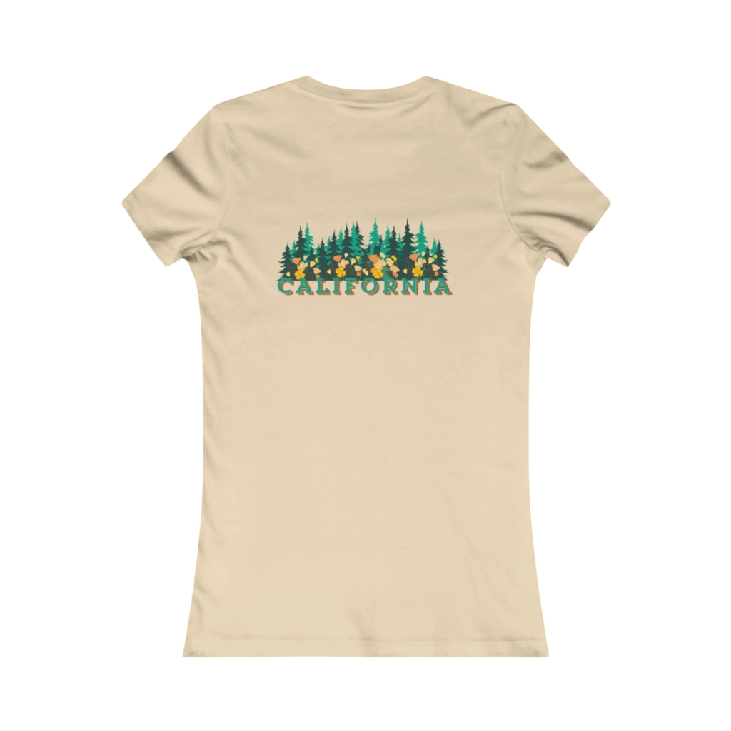 Sonoma Rebel cream cotton t-shirt with a graphic of the word CALIFORNIA over a forest of redwood trees and yellow flowers.