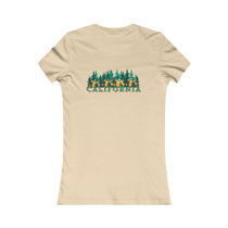 Sonoma Rebel cream cotton t-shirt with a graphic of the word CALIFORNIA over a forest of redwood trees and yellow flowers.