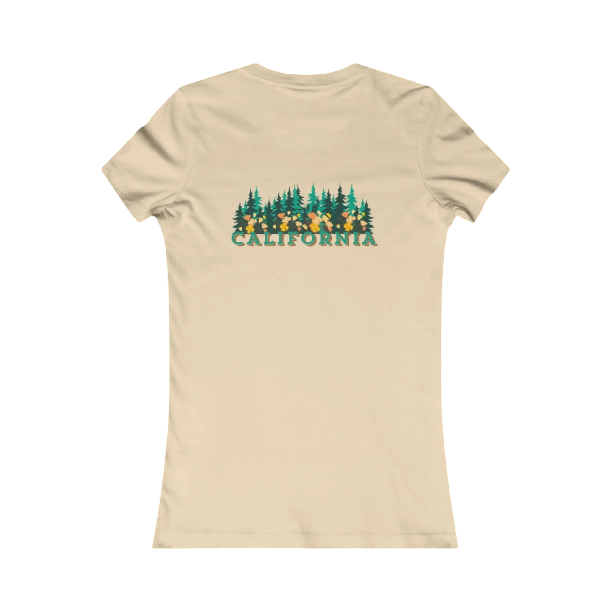Sonoma Rebel cream cotton t-shirt with a graphic of the word CALIFORNIA over a forest of redwood trees and yellow flowers.