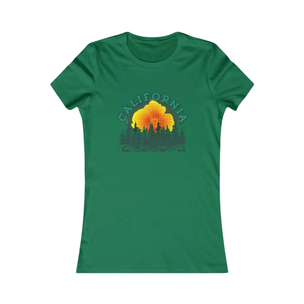 Sonoma Rebel green cotton t-shirt with California Redwoods graphic featuring a large orange flower and pine trees.