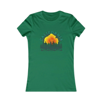 Sonoma Rebel green cotton t-shirt with California Redwoods graphic featuring a large orange flower and pine trees.