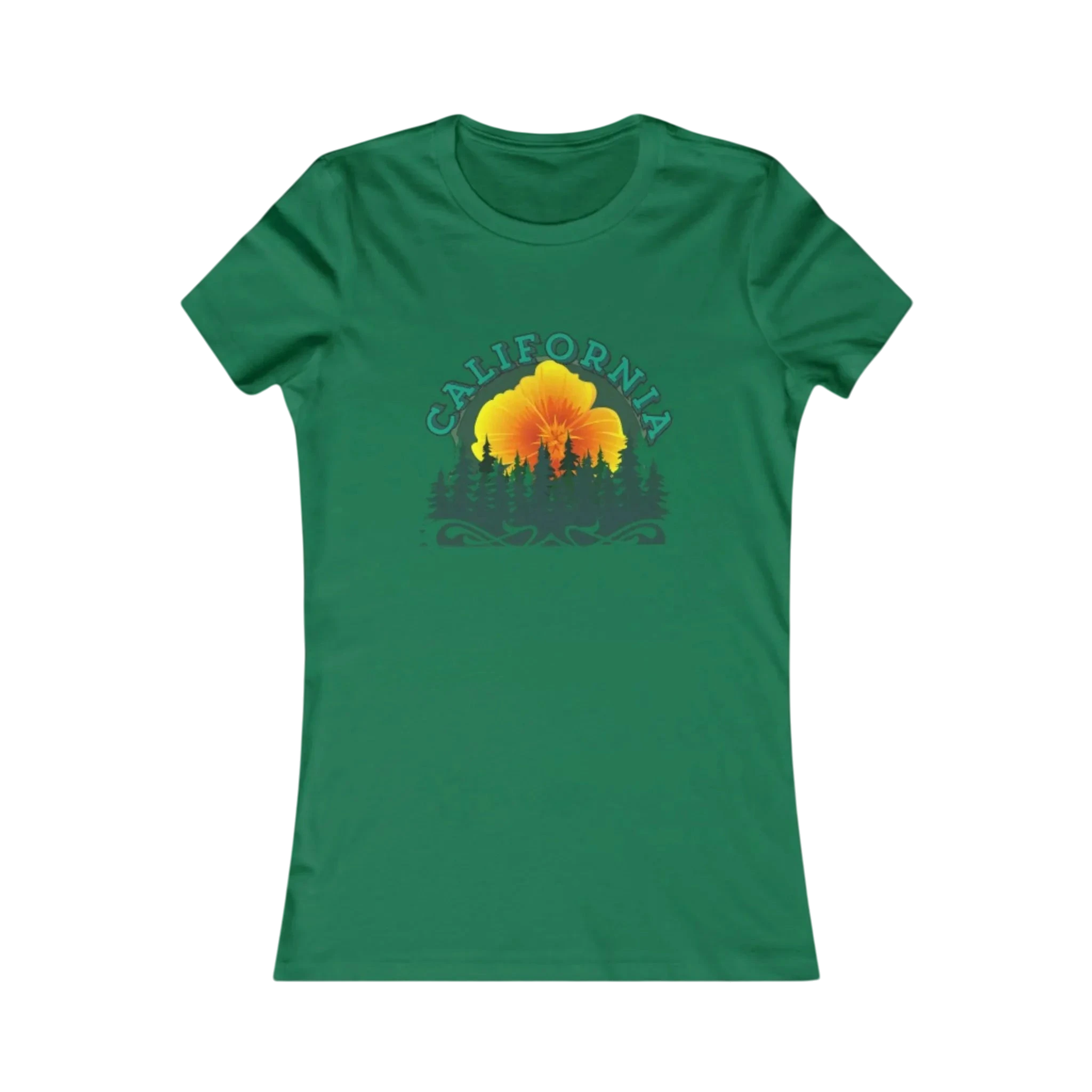 Sonoma Rebel green cotton t-shirt with California Redwoods graphic featuring a large orange flower and pine trees.