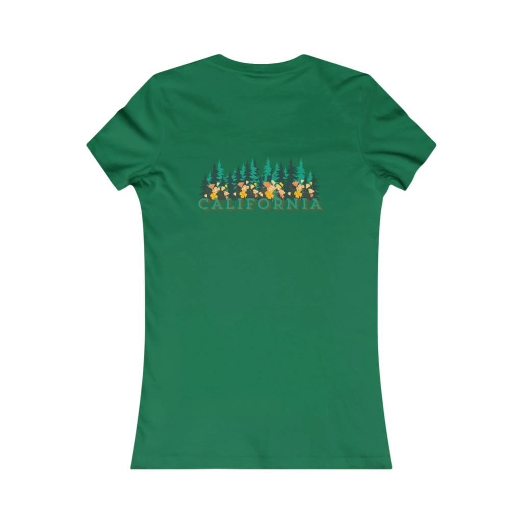 Sonoma Rebel green cotton t-shirt with a graphic of California Redwoods and colorful flowers across the chest.