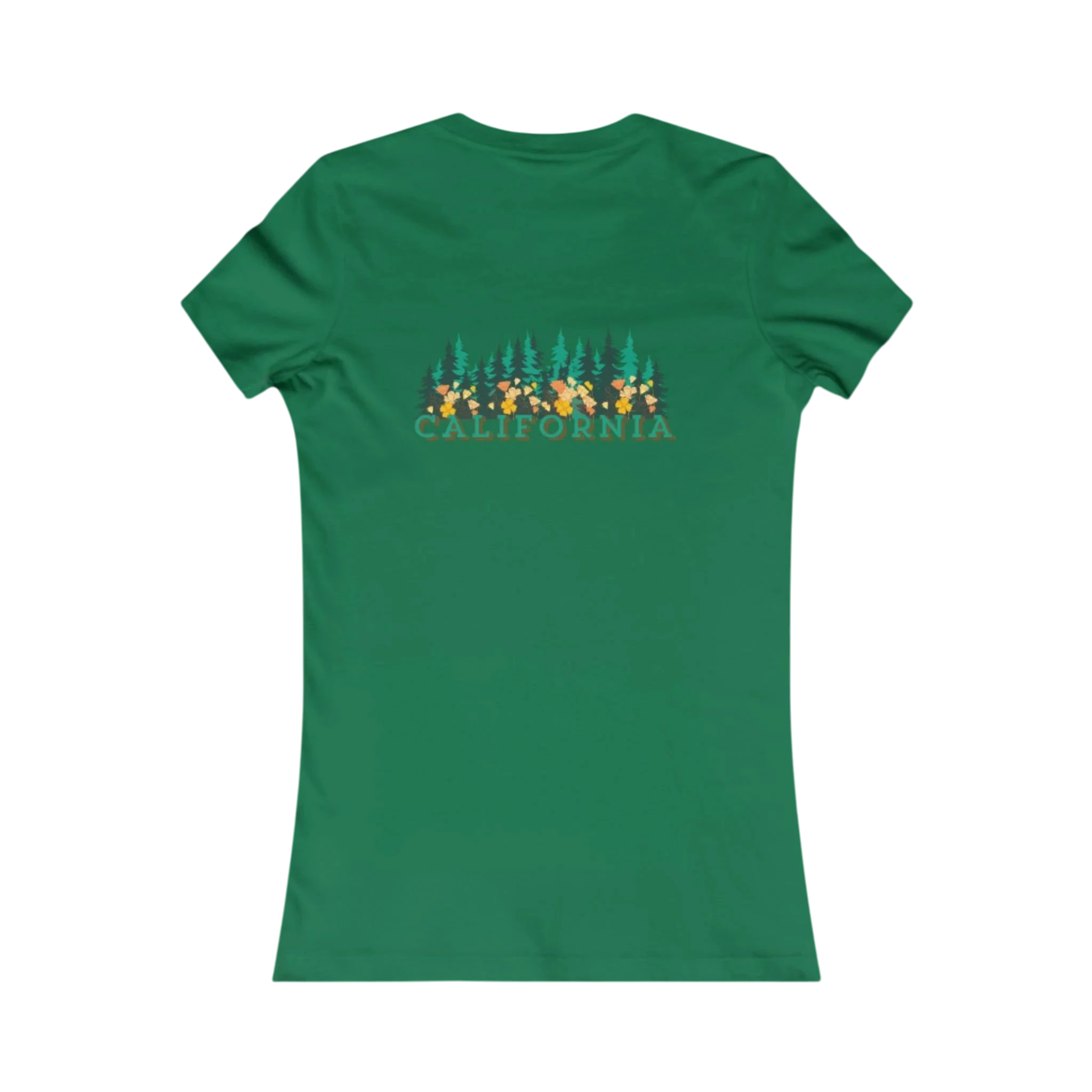 Sonoma Rebel green cotton t-shirt with a graphic of California Redwoods and colorful flowers across the chest.