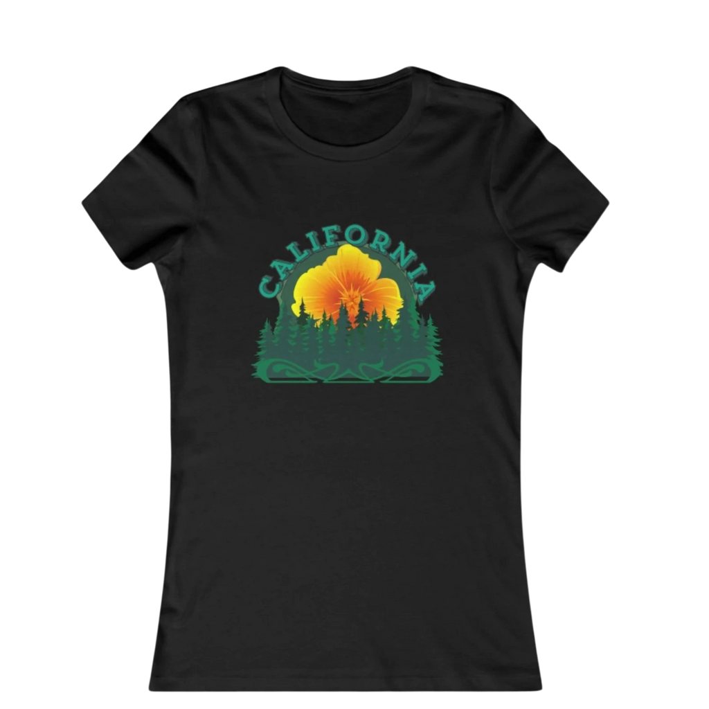 Sonoma Rebel black cotton t-shirt with California Redwoods graphic featuring a large orange poppy and green pine trees.