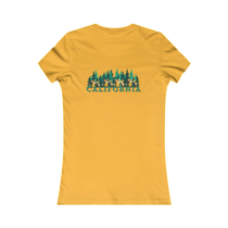Sonoma Rebel yellow cotton t-shirt with a graphic of green pine trees and colorful flowers, and the word CALIFORNIA in teal.